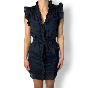 Frame Lauren Mini Dress Navy Ruffle Collar Belt Tie Button Up Mini Size XS Linen